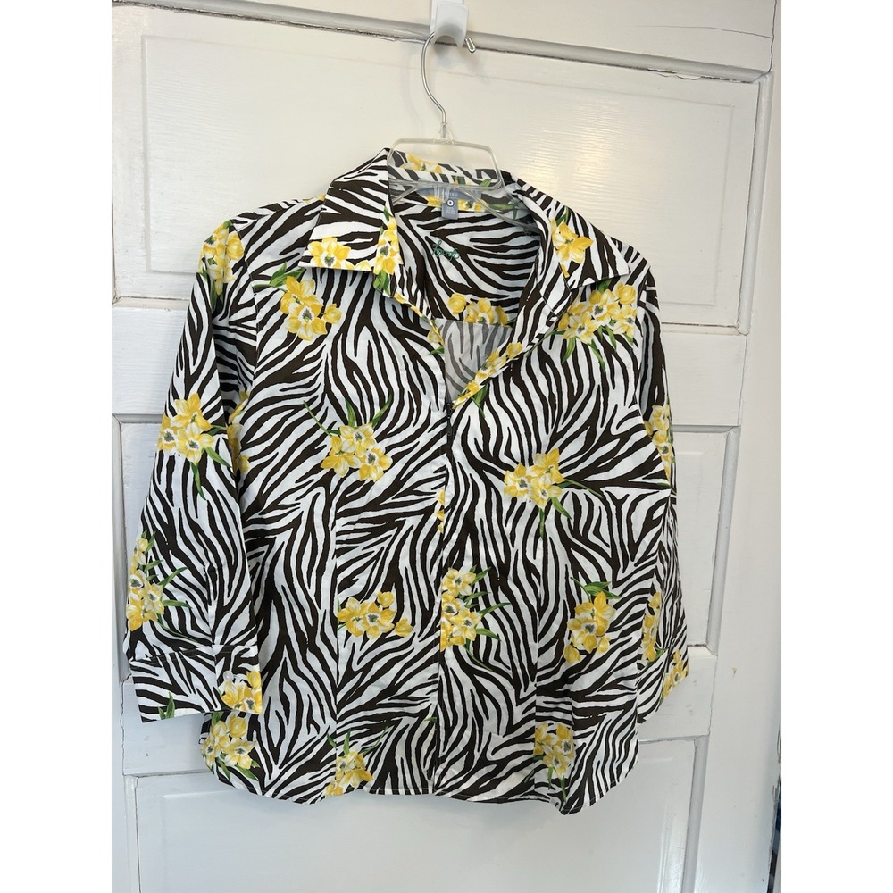 Foxcroft Button Up Down Women Sz 8 Brown Yellow Floral Shirt Top Wrinkle Free